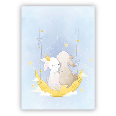 4x Niedliche Grußkarte mit Hasen Paar auf Mond, hellblau auch als Babykarte