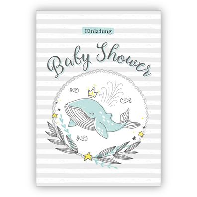 Niedliche Einladungskarte zur Baby Shower mit hellblauem Wal auf Streifen für Jungen