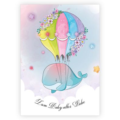 Baby Glückwunschkarte zur Geburt mit niedlichem Aquarell-Wal im Heißluft-Ballon