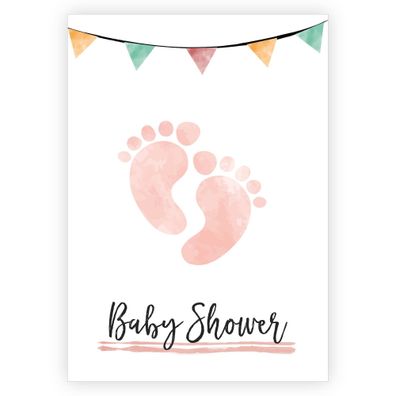 4x Niedliche Einladungskarte zur Babparty mit rosa Baby Füßchen: Babyshower