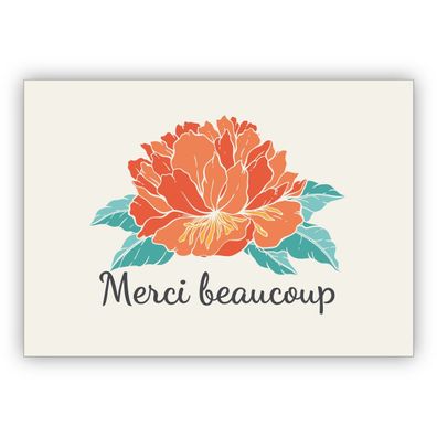 4x Edle französische Blumen Dankeskarte mit Hibiskusblüte, beige: Merci beaucoup