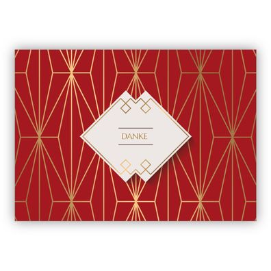 Elegante Art Deco Dankeskarte mit Gold Optik in rot: Danke