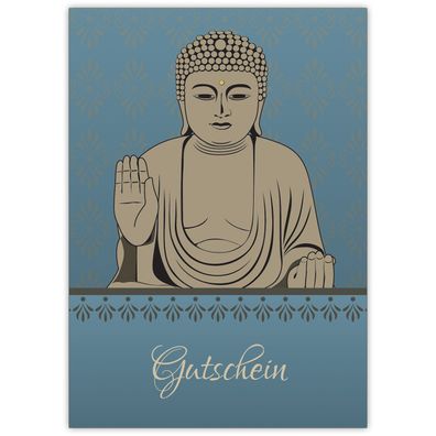 Edle Geschenk Gutscheinkarte mit klassischem Buddha Motiv (Blanko) auf blau