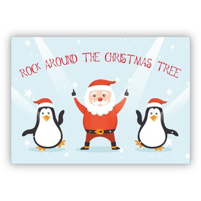 Lustige Weihnachtskarte mit tanzendem Santa und Pinguinen: Rock around the christmas