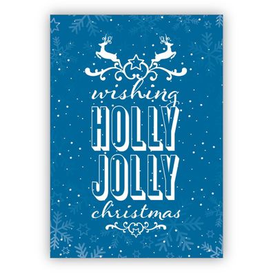 Schöne blaue Retro Weihnachtskarte mit Spruch und Hirschen: wishing holly jolly chris