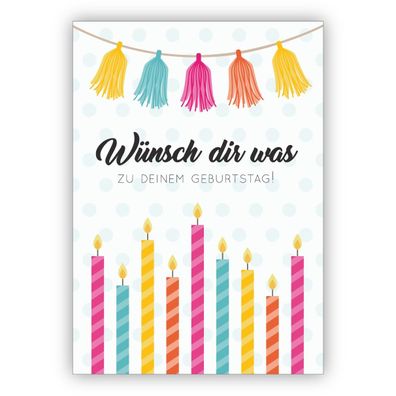 Coole Geburtstagskarte auch als Gutschein mit bunten Kerzen: Wünsch Dir was zu Deinem