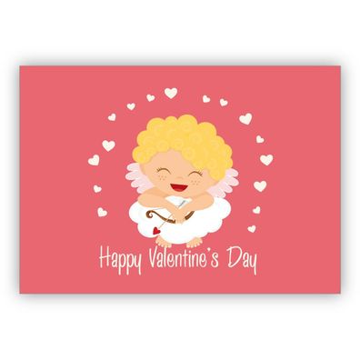 Lustige romantische Valentinskarte mit kleinem Amor und Herzen auf Wolke: Happy Valen