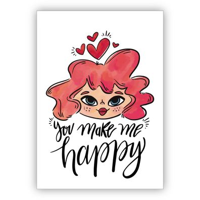 Süße romantische Liebeskarte auch zum Valentinstag mit Herz und rothaariger Frau im H