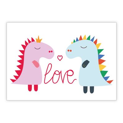 4x Süße Herz Liebeskarte mit Dinosauriern auch zum Valentinstag: Love