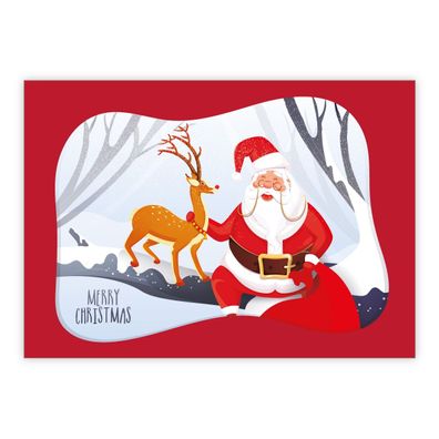 4x Lustige Comic Weihnachtskarte mit Santa & Rudolph im Wald
