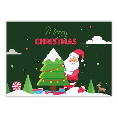4x Fröhliche Comic Weihnachtskarte mit Santa der Weihnachtsbaum schmückt