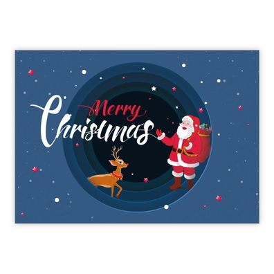 4x Nette Comic Weihnachtskarte mit Santa und Rudolf: Merry Christmas