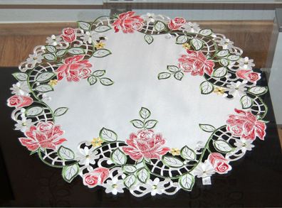 Tischdecke Rund 60 cm Rote Rosen Mitteldecke Bestickt Decke Weiß Aufleger