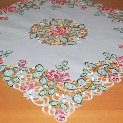 Tischdecke 85x85 Rote Rosen Mitteldecke Bestickt Decke Weiß Aufleger Sommer