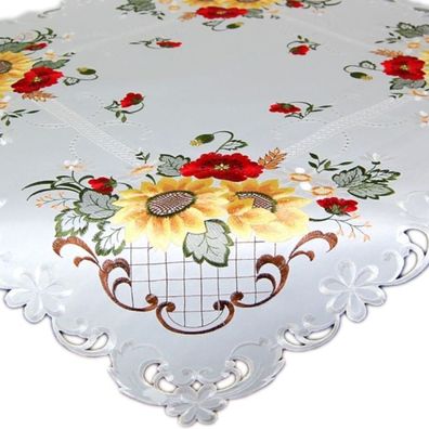 Tischdecke 85x85 Sonnenblume Mohnblume Decke Weiß Bestickt Mitteldecke Tischdeko