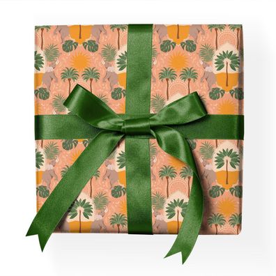 Sonniges tropisches Geschenkpapier mit Elefanten, Palmen und Sonnen, rosa gelb - G221