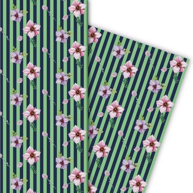 Streifen Geschenkpapier mit Streu Blumen in grün - G6365, 32 x 48cm