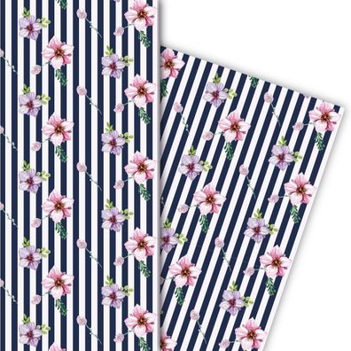 Streifen Geschenkpapier mit Streu Blumen in weiß - G6363, 32 x 48cm
