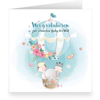 Süße hellblaue, quadratische Babykarte mit niedlichen Tieren im Heißluftballon: Wir g