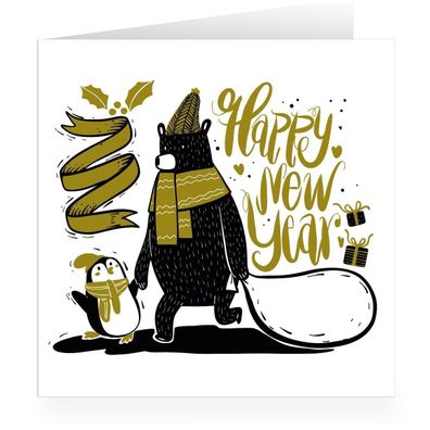 Süße Retro quadratische Weihnachtskarte mit Bär und Pinguin als Glückwunsch zum neuen