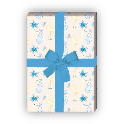 Süßes gemaltes Baby Geschenkpapier mit Storch und Herz, blau - G11492, 32 x 48cm