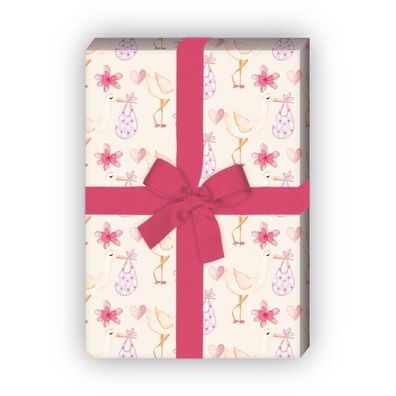 Süßes gemaltes Baby Geschenkpapier mit Storch und Herz, rosa - G11493, 32 x 48cm