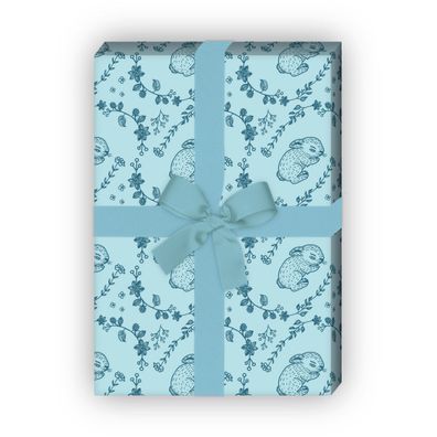 Süßes Geschenkpapier mit schlafendem Baby Hasen in Blumenranken, hellblau - G11913