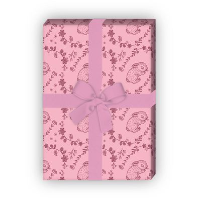 Süßes Geschenkpapier mit schlafendem Baby Hasen in Blumenranken, rosa - G11914, 32 x
