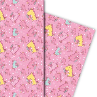 Süßes Kinder Geschenkpapier mit Einhorn Dinosaurier, rosa - G8179, 32 x 48cm