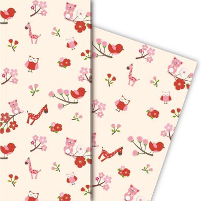 Süßes Kinder-Baby Geschenkpapier mit Eulen, Katzen, Giraffen, rosa gelb - G5152, 32 x