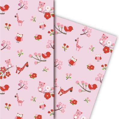 Süßes Kinder/ Baby Geschenkpapier mit Eulen, Katzen und Giraffen auf rosa - G5151