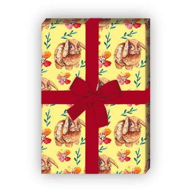 Süßes Oster Geschenkpapier mit puscheligem Osterhasen und Blumen, gelb - G8077, 32 x