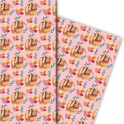 Süßes Oster Geschenkpapier mit puscheligem Osterhasen und Blumen, rosa - G8078, 32 x