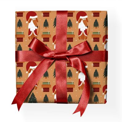 Süßes Santa Hunde Weihnachts Geschenkpapier mit Weihnachts Hund und Weihnachtsbäumen
