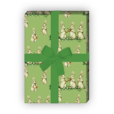 Süßes Vintage Oster Geschenkpapier mit musizierenden Retro Hasen, grün - G7254, 32 x