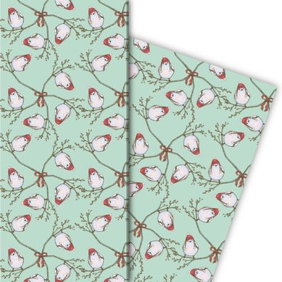 Süßes Winter Geschenkpapier mit Vögelchen, mint - G4822, 32 x 48cm