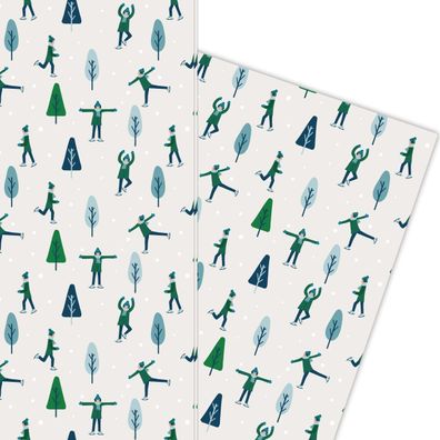 Süßes Winter Weihnachts Geschenkpapier mit Schlittschuhläufern grün - G5960, 32 x 48c
