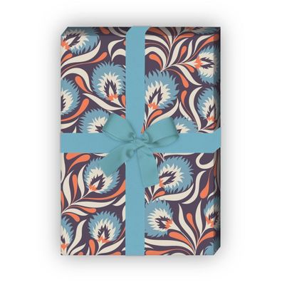 Tolles 70er Jahre Geschenkpapier mit Jugendstil Blumenmuster, blau - G10245, 32 x 48c
