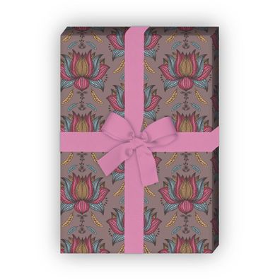 Tolles Geschenkpapier Set, Dekorpapier mit indischem Blumen Motiv, braun - G8811, 32