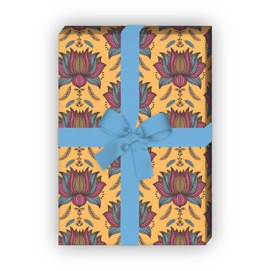 Tolles Geschenkpapier Set, Dekorpapier mit indischem Blumen Motiv, gelb - G8813, 32 x