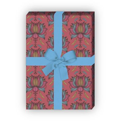 Tolles Geschenkpapier Set, Dekorpapier mit indischem Blumen Motiv, rosa - G8812, 32 x