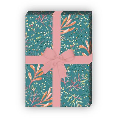 Tolles Geschenkpapier zum Einpacken mit Korallen Blumen, blau grün - G10235, 32 x 48c