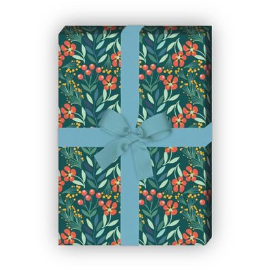 Tolles Sommer Geschenkpapier Set mit Blüten und Beeren, grün - G8479, 32 x 48cm
