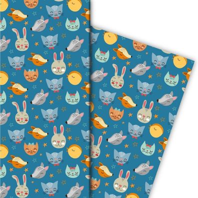 Traumhaftes Sternen Geschenkpapier mit Katzen, Hasen und Hunden, blau - G8217, 32 x 4