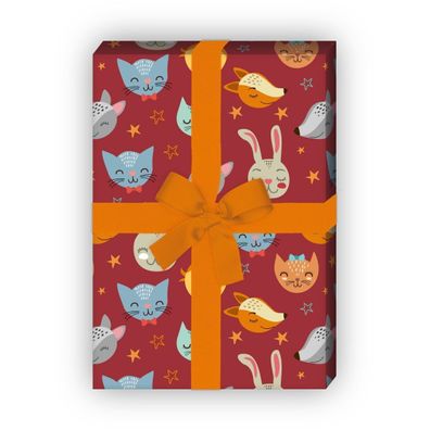 Traumhaftes Sternen Geschenkpapier mit Katzen, Hasen und Hunden, rot - G8216, 32 x 48