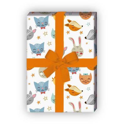 Traumhaftes Sternen Geschenkpapier mit Katzen, Hasen und Hunden, weiß - G8218, 32 x 4