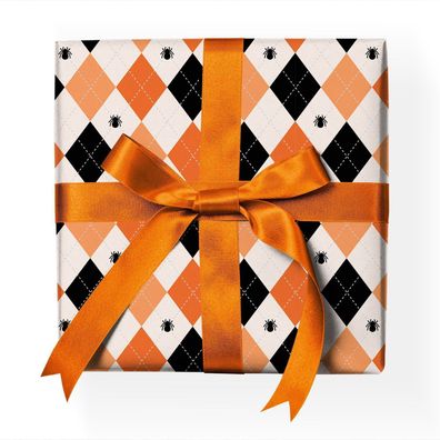 Trend Halloween Geschenkpapier mit Schotten-Karo, Spinnen, orange - G23039, 32 x 48cm
