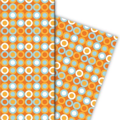 Trendiges 70er Jahre Punkte Geschenkpapier mit Kreisen in hellblau orange - G7200, 32