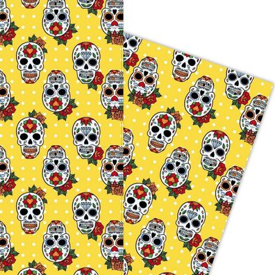 Trendiges Geschenkpapier mit Mexiko Totenköpfen auf Pünktchen, gelb - G5867, 32 x 48c