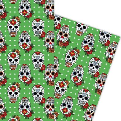 Trendiges Geschenkpapier mit Mexiko Totenköpfen auf Pünktchen, grün - G5868, 32 x 48c